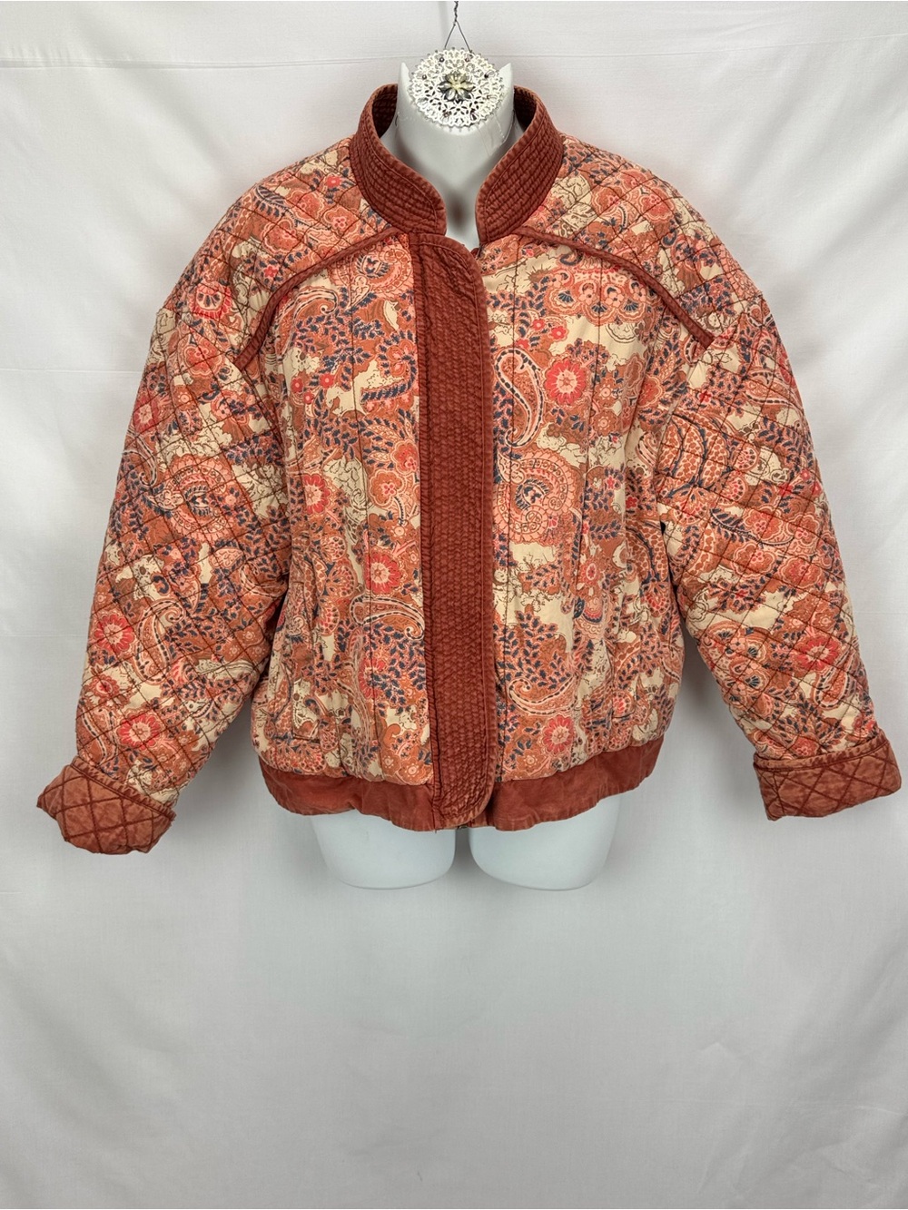 Free People Quilted Paisley Bomber Jacket in Rust and Cream